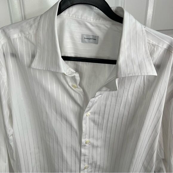 Sz XL Ermenegildo Zegna White Striped Dress Shirt 18” Collar $150 MSRP - Picture 4 of 11